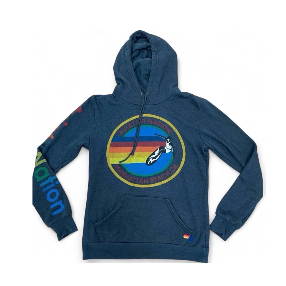 Aviator Nation Men’s Navy Hoodie with Rainbow Crest size S excellent condition